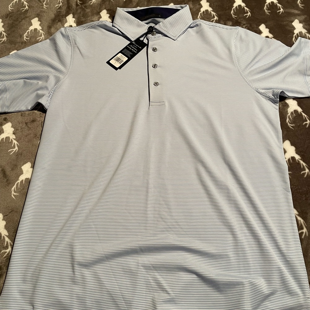 New w/ tags- Men’s large Greyson light blue/white polo